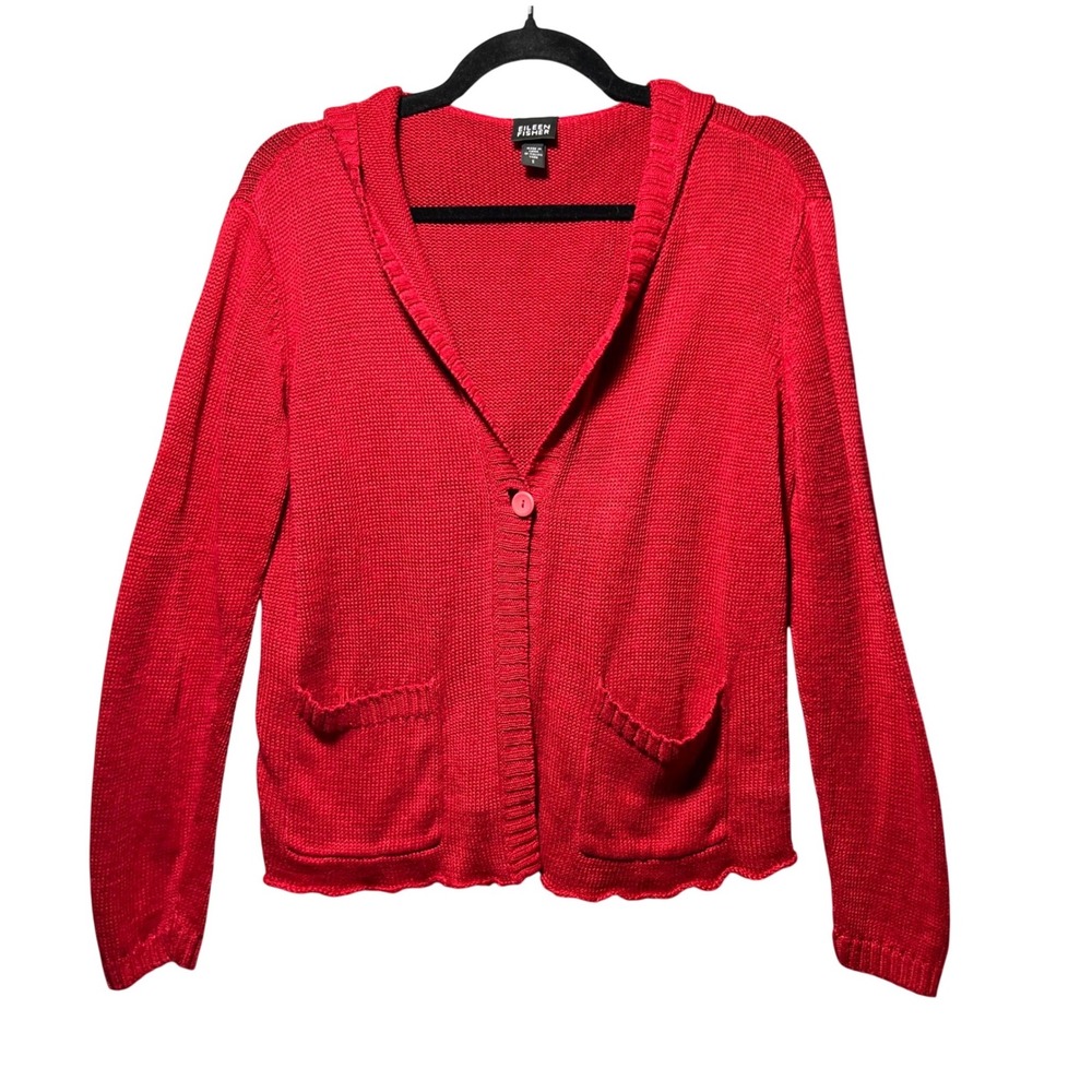 Eileen Fisher Red 100%‎ Hemp Italian Yarn Hooded Cardigan Sweater Womens Small